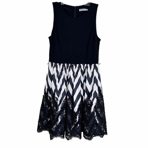 ELIZA J Black and Cream Chevron and Lace sleeveless Cocktail Dress, Size 10 - Picture 1 of 15